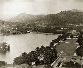 The lake at Kandy. View from a high vantage point across the lake at Kandy. Kandy, Ceylon (Sri