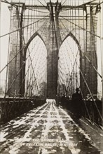 "The Spider Web on Brooklyn Bridge". View along the pedestrian path of Brooklyn Bridge. A printed