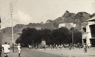 Rioting in Aden, 1947. Crowds of people fill a square in Aden, during the Arab riots that took