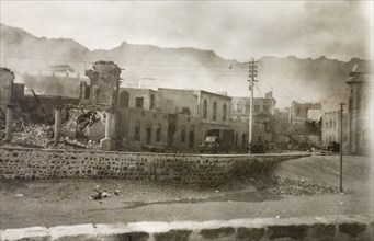 Aftermath of Arab riots in Aden, 1947. View over the desolate and ruined Jewish quarter of Aden,