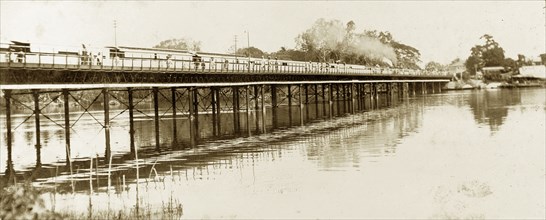 Denton Bridge, Nigeria. A steam train crosses the river over Denton Bridge. Ebute-Metta, Nigeria,