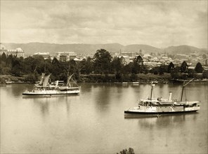 Brisbane River scene. Steamers on the Brisbane River. Brisbane, Australia, circa 1890. Brisbane,