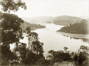 Hawkesbury River, Australia. View of the Hawkesbury River. New South Wales, Australia, circa 1885.,