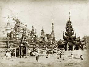 Shrines at the Shwe Dagon Pagoda. Shrines on the platform of the Shwe Dagon Pagoda. Rangoon