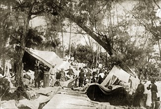 Camp for shipwreck survivors. Camp of the troops rescued from the troopship 'Warren Hastings'.