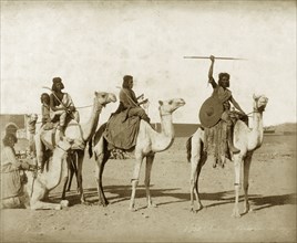 Bisharin men on camels. Five Bisharin men armed with swords, spears and shields pose seated on