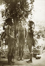 Three Andaman Islanders. Outdoors portrait of three Andaman Islanders, two men and a woman. The