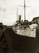 RIMS 'Mayo' in a dry dock. RIMS 'Mayo', a naval steamer belonging to the Royal Indian Marine
