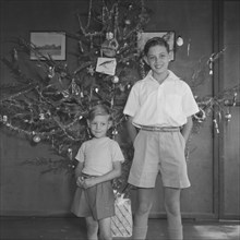 Christmas at Dusty Miller's house. Dusty Miller's two sons pose in front of a sparse Christmas tree