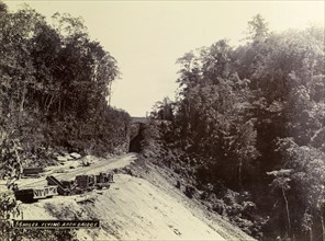 Flying Arch Bridge'. A newly completed stretch of mountainside railway track runs beneath a high