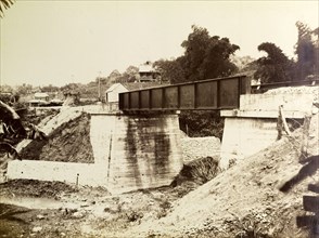 Railway viaduct under construction. A railway bridge under construction, spanning the gap across a