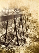 Railway viaduct, Jamaica. Construction workers pictured on a newly completed trestle bridge built