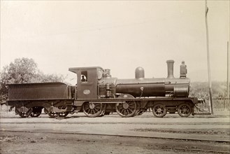 British steam locomotive. No. 10', a British-manufactured steam locomotive sits on rails at a