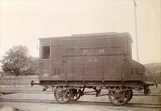 Jamaica Railway wagon. An upright railway wagon inscribed 'J. R. No.43', sits on rails at a siding.