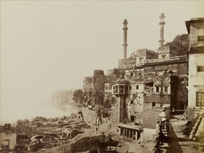 Panchganga Ghat, circa 1870. The minarets of Aurangzeb's mosque overlook Panchganga Ghat on the