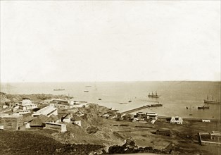 Aden Harbour. View looking out to sea of Aden Harbour. Aden, Yemen, circa 1885. Aden, Adan, Yemen,