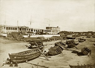 Surf boats at Madras. Surf boats on the beach at Madras. Madras, Madras Presidency (Chennai, Tamil