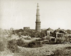 Qutb Minar, circa 1880. View of the Qutb Minar, one of the greatest monuments of Islamic
