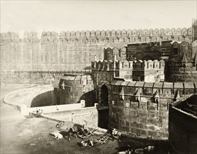 Agra Fort walls. View of the fortified red sandstone walls surrounding Agra Fort. Agra, North