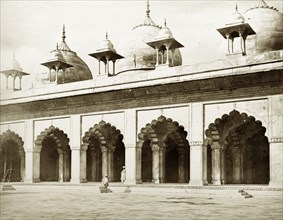 The Moti Masjid, Agra. View across a courtyard of the white marble Moti Masjid (Pearl Mosque),