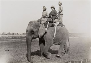 En route to a royal hunt. King George V (r.1910-36) sits on an elephant behind a mahout (elephant