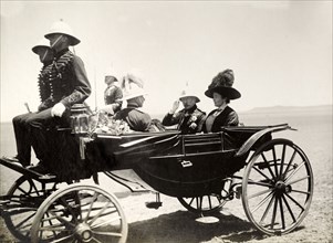 Duke and Duchess of Connaught in a carriage. The Duke and Duchess of Connaught depart in a