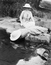 Duchess of Connaught at Victoria Falls. The Duchess of Connaught smiles as her female companion,