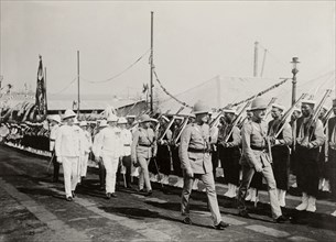 Inspection of the British South Africa Police. The Duke of Connaught inspects a line-up of police