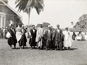 Bechuanaland chiefs. A group of finely dressed Bechaunaland chiefs pose for the camera holding