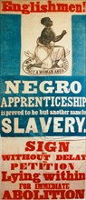 English anti-slavery banner. A framed fabric banner depicts a kneeling woman, enslaved under the