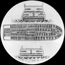Diagram of a slave ship. Diagram showing cross-sections of a trans-Atlantic slave ship. The drawing