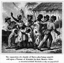A slave family is separated. European debt collectors forcibly separate a family of slaves to be