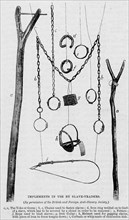 Implements of the slave trade. A book illustration depicts a variety of implements used by African