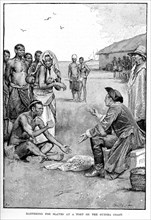 Bartering for slaves. A book illustration depicts European and African slave traders bartering for