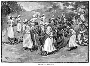 Arab slave raid. Armed Arab slave traders attack a village, taking women and children as their