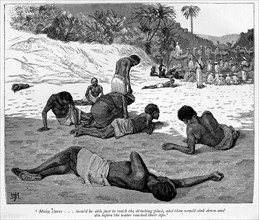 Slaves dying of thirst. A group of African slaves sink down in the sand, exhausted and dying of
