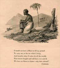 Kneeling slave. An illustration depicts a kneeling slave, tethered to the ground by chains securing his wrists and ankles