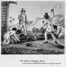 Slaves flogging slaves. Several slaves are forced to hold down and flog a fellow worker, watched by