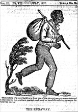 The runaway'. A newspaper cartoon depicts a runaway slave carrying a bindle over his shoulder. This