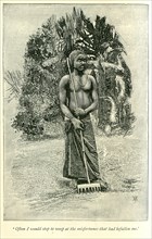 Portrait of a weeping slave. A book illustration depicts a weeping slave, at work raking the land.