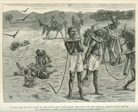 Slave gang attacked. A book illustration depicts a Sudanese slave gang, tethered together by chains