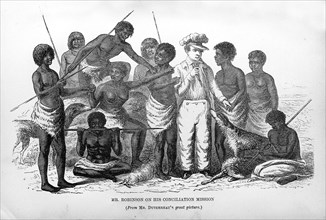 Robinson on his conciliation mission. Settler propaganda depicting George Augustus Robinson