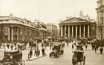 Threadneedle Street. Busy street scene showing the Bank of England and the Royal Exchange, located