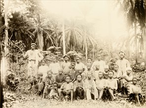 Inhabitants of Bioko. A group of men, women and children from Bioko line up for the camera in a