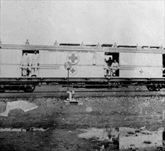 Boer War hospital train. Soldiers injured during the Second Boer War (1899-1902), sit inside the