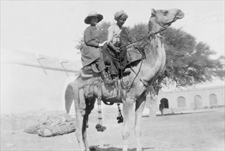 Miss Arthur rides a camel. A European lady identified as Miss Arthur sits on a camel behind a