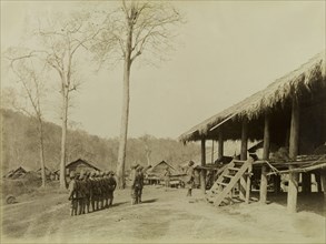 Guard house on the Morgandine Pass. Turbaned Indian soldiers stand outside a guard house, situated