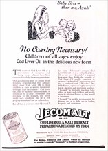 No coaxing necessary'. A full-page advertisement for 'Jecomalt' cod liver oil and malt extract,