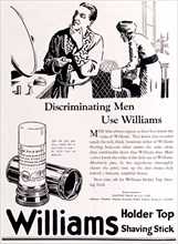 Discriminating men use 'Williams''. A full-page advertisement for 'Williams' holder top shaving