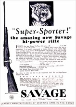 Savages' Super-Sporter'. A full-page advertisement for 'Savages' Super-Sporter' high-power rifle,